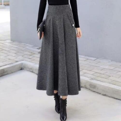 High Waist Retro Plaid Woolen Women Skirts Winter 2019 Warm Winter Office Wool Pleated Maxi Skirt Femme Saia Longa AQ682