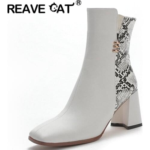 REAVE CAT 2021 Spring Autumn Fashion Ladies Boots Snakeskin Velvet Square Toe Short Plush Zip 6cm Chunky Heel US12 White A4346