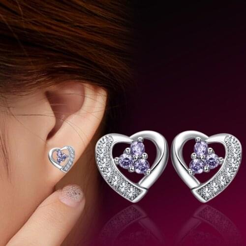 100% 925 sterling silver new fashion love heart shiny crystal ladies`stud earrings jewelry Anti allergy female women gift