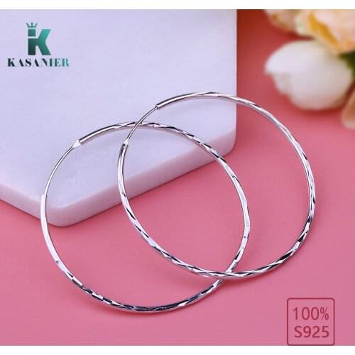 100% Women 925 Sterling Silver Hoop Earring 25-55mm Round Loop Gift Box Simple Packaging For Women Sexy Fashion Jewelry KASANIER