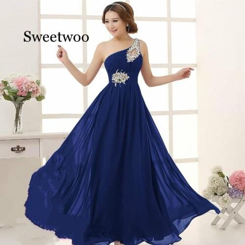 Robe chiffon crystal one shoulder A Line Royal blue purple mint green dresses long Vestido de novia