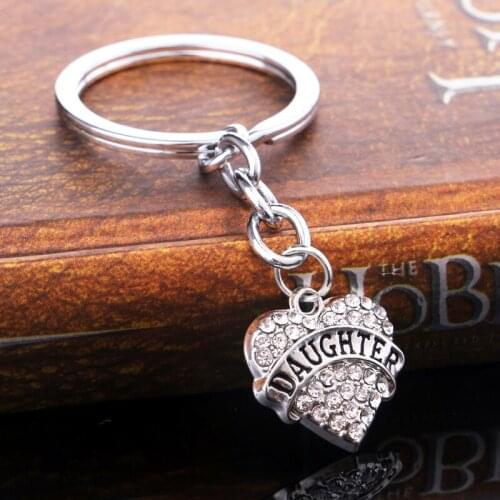 36PC Daughter Keyrings Clear Crystal Rhinestone Heart Charm Pendant Keychains Family Dad Mom Prepare For Daughter Christmas Gift