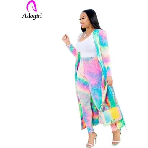 Adogirl Rainbow Tie Dye Sexy 2 Piece Set Tracksuit Summer Clothes Women Long Sleeve Cardigan Tops+Pants Casual Plus Size Outfits