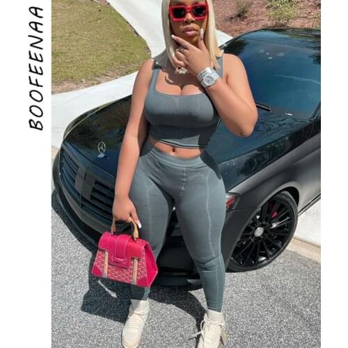 BOOFEENAA Casual 2 Two Piece Sets Top Pants White Grey Black Cute Summer Sporty Outfit Women Tracksuit Matching Sets C70-CC27