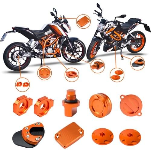 For KTM 125 200 390 Duke 2011-2015 Rear Axle Blocks Oil Filter Cover Front Rear Brake Reservoir Cap Kickstand Pad Engine Plug