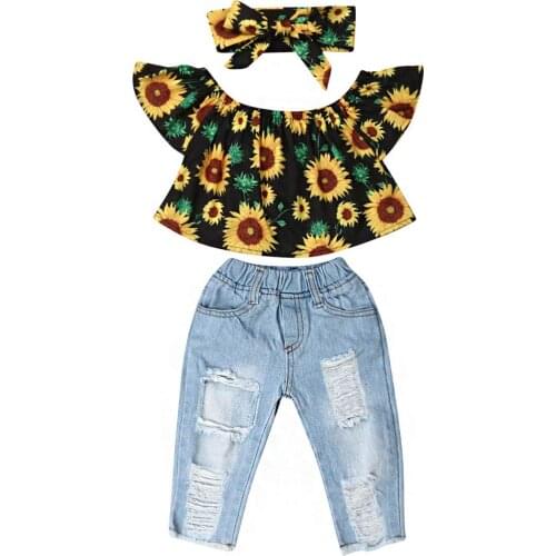 1-4Years Toddler Baby Summer Clothing Girl Clothes Sunflower Off shoulder Crop Tops Denim Ripped Jeans Headband Outfits