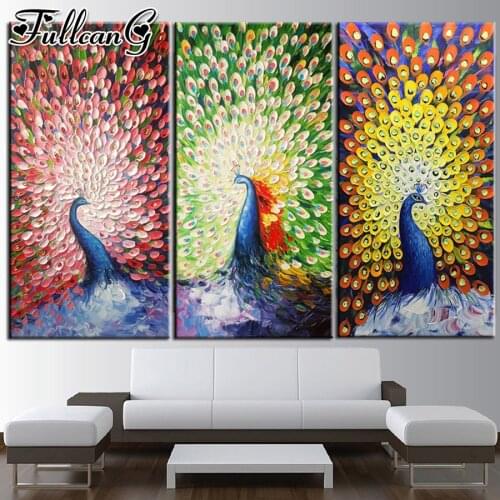 FULLCANG diy large triptych diamond painting abstract peacock 5d mosaic embroidery animal full square round drill decor FC2057