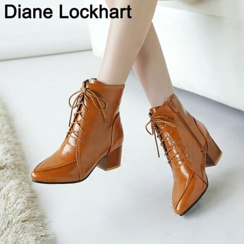 Classic Winter Ankle Boots Pu Leather Women Fashion Martin Boots Woman Work Shoes Black Round Toe Lace-Up Shoes Female Booties