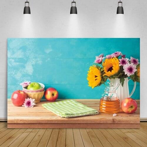 Laeacco Honey Apple Fruit Rosh Hashanah Background Banner Flowers Wooden Table Blue Photographic Backdrop Poster Photo Studio
