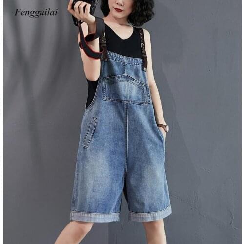 Summer Womens Short Denim Jumpsuit Casual Loose Sleeveless Wide-Leg Denim Overalls Ladies Denim Jumpsuit