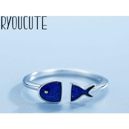 Hot Sale Silver Color Blue Fish Ring Female Big Large Retro Vintage Gothic Women Jewelry Rings