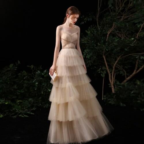 New Fashion 2020 Sexy Spaghetti Straps V Neck Evening Dresses Long Custom made Tulle Skirt Formal Gold Evening Gowns