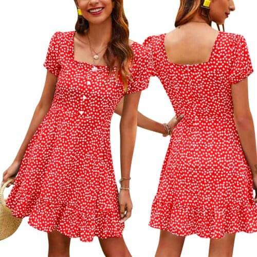 New Women Summer Floral Elegant Dress Adults Daisy Print Short Sleeve Square Collar Button Holiday Beach Dress Short Mini Dress