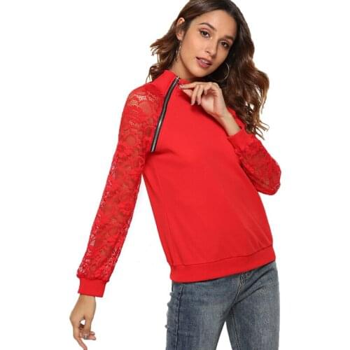 Summer Autumn Nature Women Lace Lace Patchwork Long Sleeve Casual Hoodies Girls Hoody Zipper Sweatshirt O Neck Pullover Tops