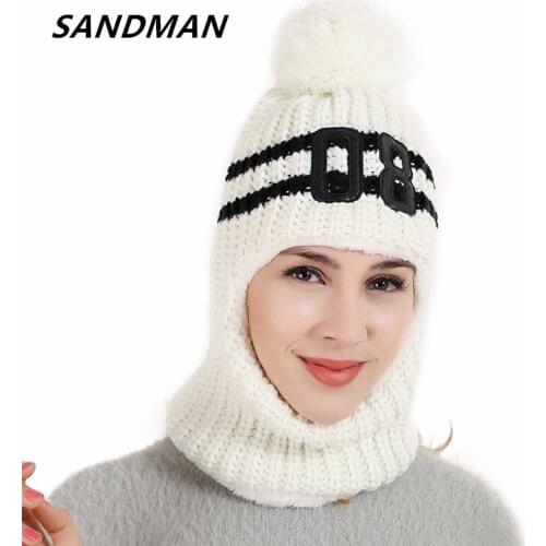 SANDMAN High Quality Wool Cotton Beanie Scarf Add Knit Lining Winter Hats Warm Fur Pom Pom Cap Skullies & Knit Hats For Women
