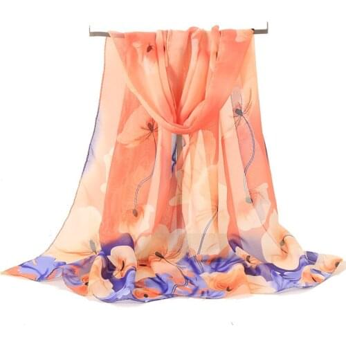 Chiffon Scarf Women Big Flowers Printing Fashion High Quality Designer Ladies Scarves Flower Plant Luxury Female Thin Brown Shaw