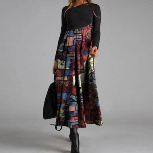 Oversized Vintage Dress Ladies Stitching Color Printing Party Dresses Long Sleeve Round Neck Casual Long Dress Loose Clothing