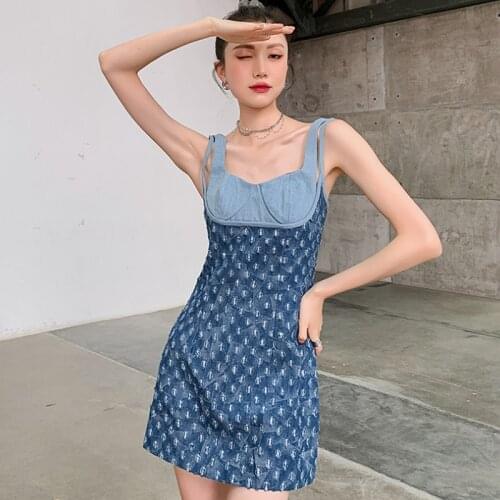 Vintage Denim Strap Dress Women Summer Tea Break French Fake Two Piece Stitching Contrast Dress Club Party Mini Dress 2021 New