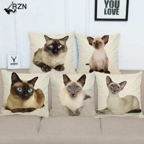 XUNYU Siamese Cat Pattern Linen Pillow Case Sofa Square Decorative Pillow Cover Animal Cushion Cover 45X45cm AC009