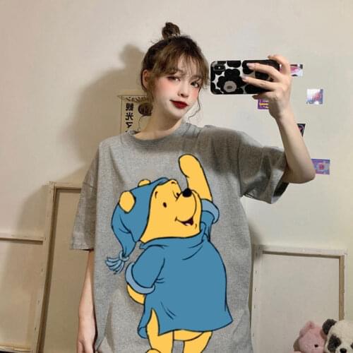 Disney cartoon Winnie the Pooh T-shirt women casual oversized top Kawaii Harajuku clothes short-sleeved yellow woman T-shirt