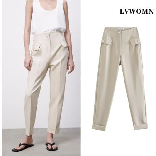 LVWOMN Za Woman Pants 2021 Spring Trouser Women High Waisted Fashion Office Beige Pants Chic Button Zip Elegant Casual Pants