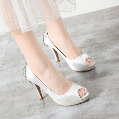 Lady Platform Open Toe Lace Pumps With Crystal On Heel Noble High Heel Bridal Wedding Party Evening Dress Shoes