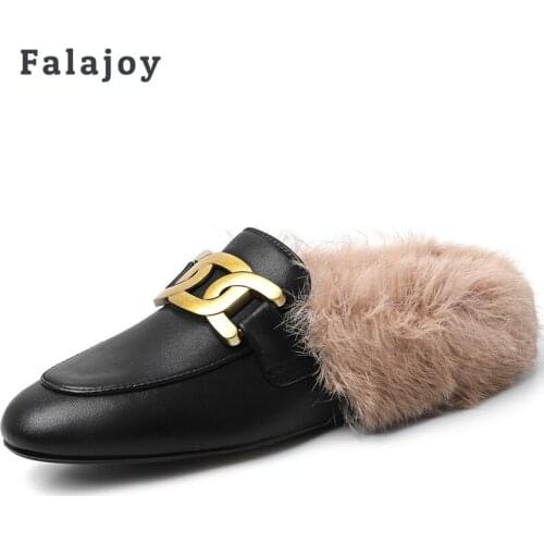Falajoy Furry Flat Mules Woman Flats Genuine Leather Brand Chain Replica Fashion Casual Plus Size Women Shoes 44 Brown Black