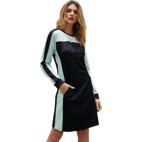 Women Mini Long Sleeve New Autumn O-neck Solid Color Patchwotk Sweatshirt 2021 Casual Loose Pocket Sport Streetwear A-line Dress