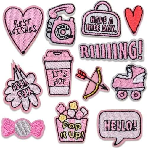 100pcs/lot Embroidery Patch Pink Letter Love Drink Arrow Clothing Decoration Craft Diy Iron Heat Transfer Applique