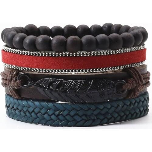 4 Pcs/set Bronze Black Feather Maple Leaf Words Motorcycle Charm Wrap Leather Bracelets Women Men Femme Homme Male Jewelry