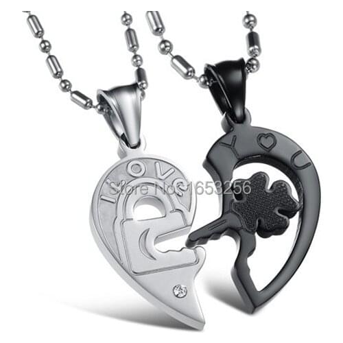 Black New Puzzle Piece Love Heart Couple Necklace Stainless Steel His and Hers Pendant Necklace Free Chain
