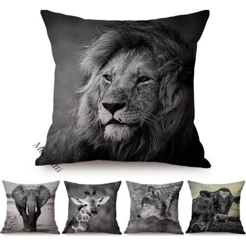 Animals Photography Art Decoration Cushion Cover Lion Elephant Horse Highland Cow Print Linen Square Sofa Pillow Cases Almofadas