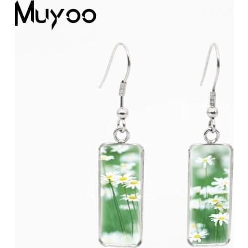 Elegant Beautiful Flowers Fresh Patterns Square Pattern Design Glass Cabochon Fish Hook Earrings Lovely Flowers Jewelry Earrings