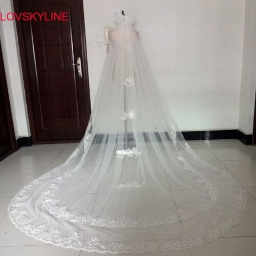 Velos de novia 3 Meters 2T Ivory Crystal Blings Lace Edge Purfle Long Cathedral Wedding Veils