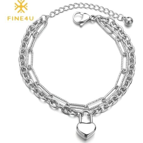 FINE4U B528 Dainty Layered Bracelets for Women Cute Satellite Paperclip Bracelet Heart Charm Bracelets for Women Teen Girls