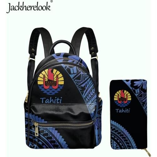 Jackherelook Tahiti Polynesian Print Luxury PU Mini Backpack Clutch Wallet 2pcs/Set Girls Small Campus Schoolbag Female Satchel