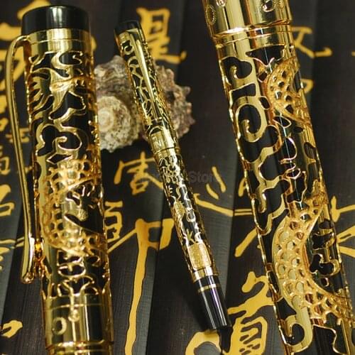 Jinhao 5000 Vintage Metal Rollerball Pen Dragon Texture Carving, Black & Golden Business For Office School Supplies