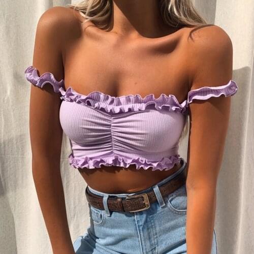 Meqeiss 2020 Purple Off Shouler Crop Top Sexy Rib Ruffles Backless Tube T-Shirt Tees For Women Summer One word collar Tank Tops