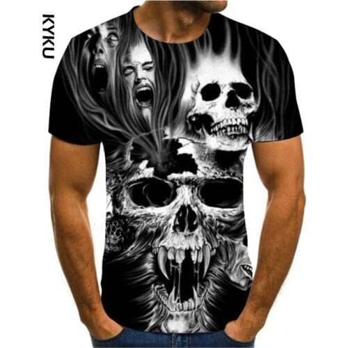 KYKU Summer mens T-Shirt New 3D printing t-shirt mens skull devil T-shirt Summer Black T-Shirt round neck T-shirt