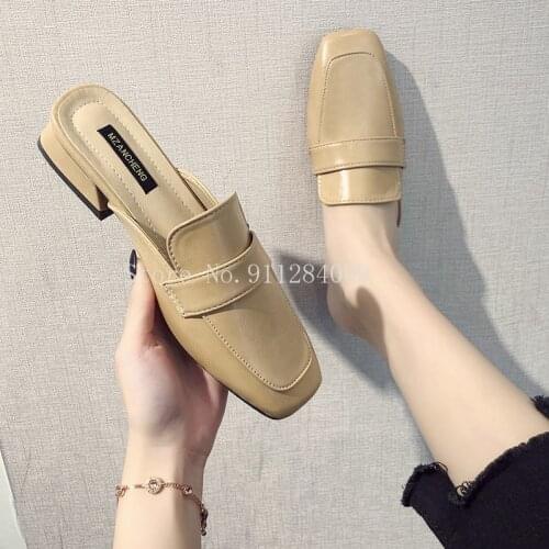 New Belt Buckle Women Shoes Woman Mules Sexy Ladies Shoes Slippers Cover Square Toe Low Heels Solid Leather Casual Shoes Slides