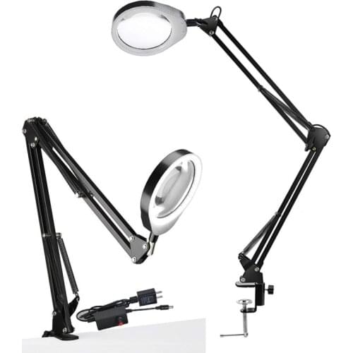 Desk Large Clip LED Magnifying Glass Illuminated Magnifier Lamp Loupe Reading/Rework/Soldering 3X 5X 8X 10X Lengthen Arms