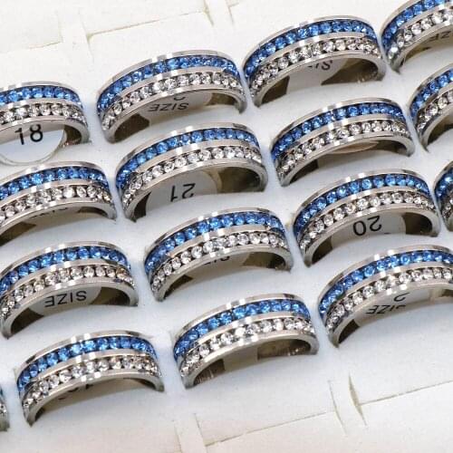 Wholesale 36pcs/lot Blue Rhinestones Stainless Steel Rings Fashion Women Wedding Party Ring Polished Inside #RSR081001