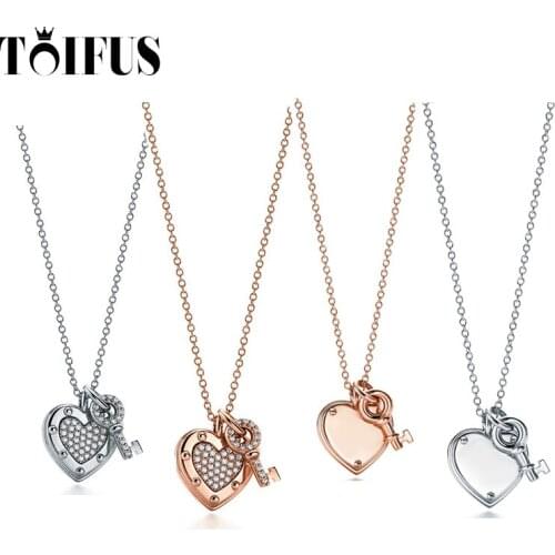 Tif 925 Sterling Silver Pin Buckle Heart Pendant Necklace Female Jewelry Superb Craftsmanship, With official Logo Tif Heart
