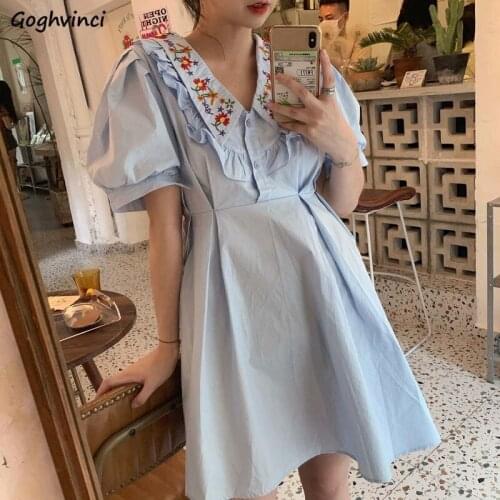 V-neck Floral Short Puff Sleeve Dress Women Fungus Sweet Preppy Girls Slim A-line Retro Vestido Mujer Temperament Gentle Outwear