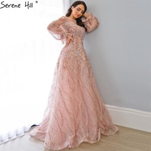 Serene Hill Pink A-Line Luxury Evening Dresses 2020 lantern Long Sleeves Beading Lace Formal Dress LA70676