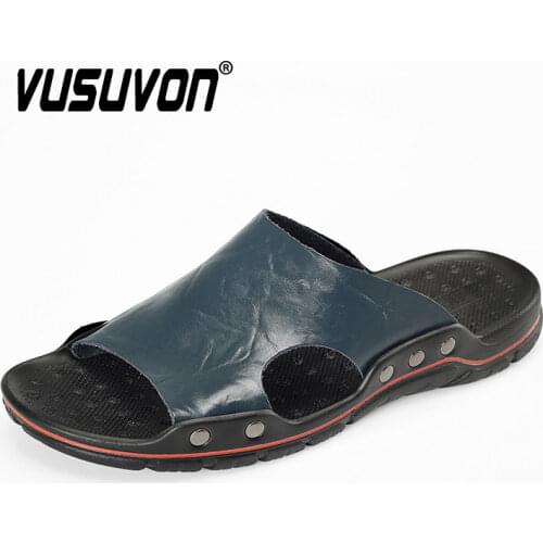 Shoes Men Original Genuine Leather Slippers for Casual Loafers Boys Fashion Summer Beach Slides Non-Slip Rubber Sole 48 Big Size