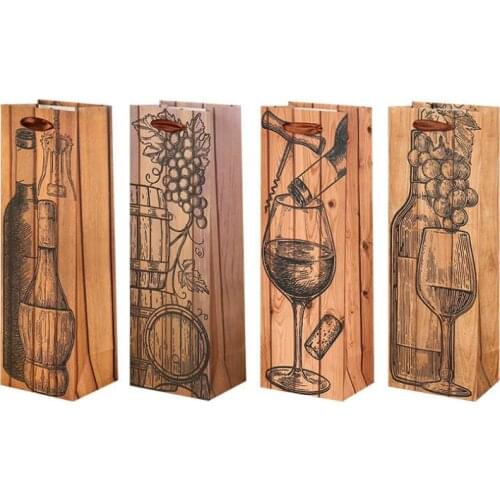 High End Storage Bags Durable Wood Grain Coated Tote Pouch Thicken Paper Red Wine Bottle Bag High Quality SN1446