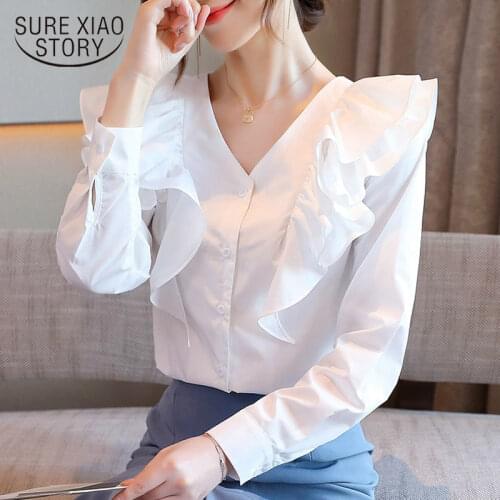 Fashion V-neck White Chiffon Blouse Women Shirt Cardigan All-match Long Sleeve Ruffles Tops Elegant Solid Clothes Blusas 11129