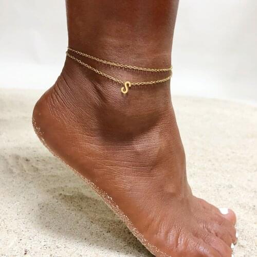 Womens Initial Anklets A-Z Letter Ankle Bracelet Double Chain Adjustable Summer Beach Foot Jewelry