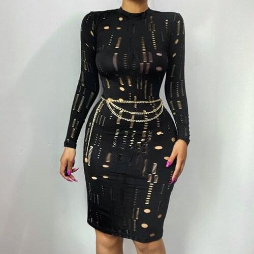 Dresses Women Autumn Sexy Hollow Jacquard Long Sleeve Out Solid Color Bodycon Midi Dress Fall Female Street Fashion Clothing
